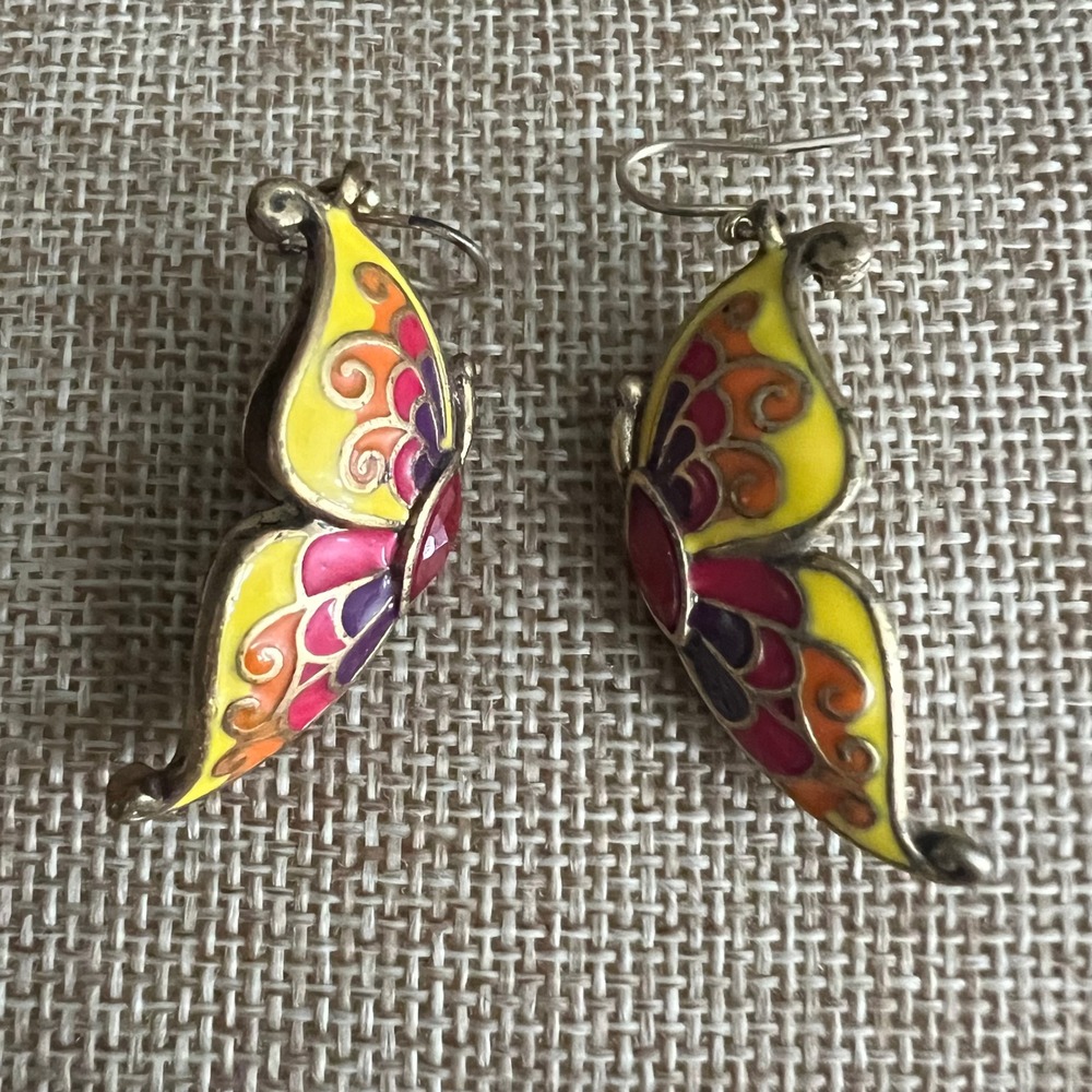 Vintage Enamel Butterfly Dangle Drop Earrings Yellow Red Purple 2" Fairycore